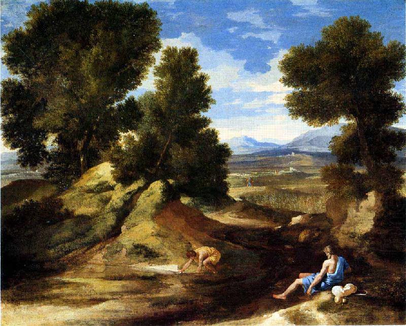 Landscape with a Man Drinking or Landscape with a Man scooping Water from a Stream, Nicolas Poussin